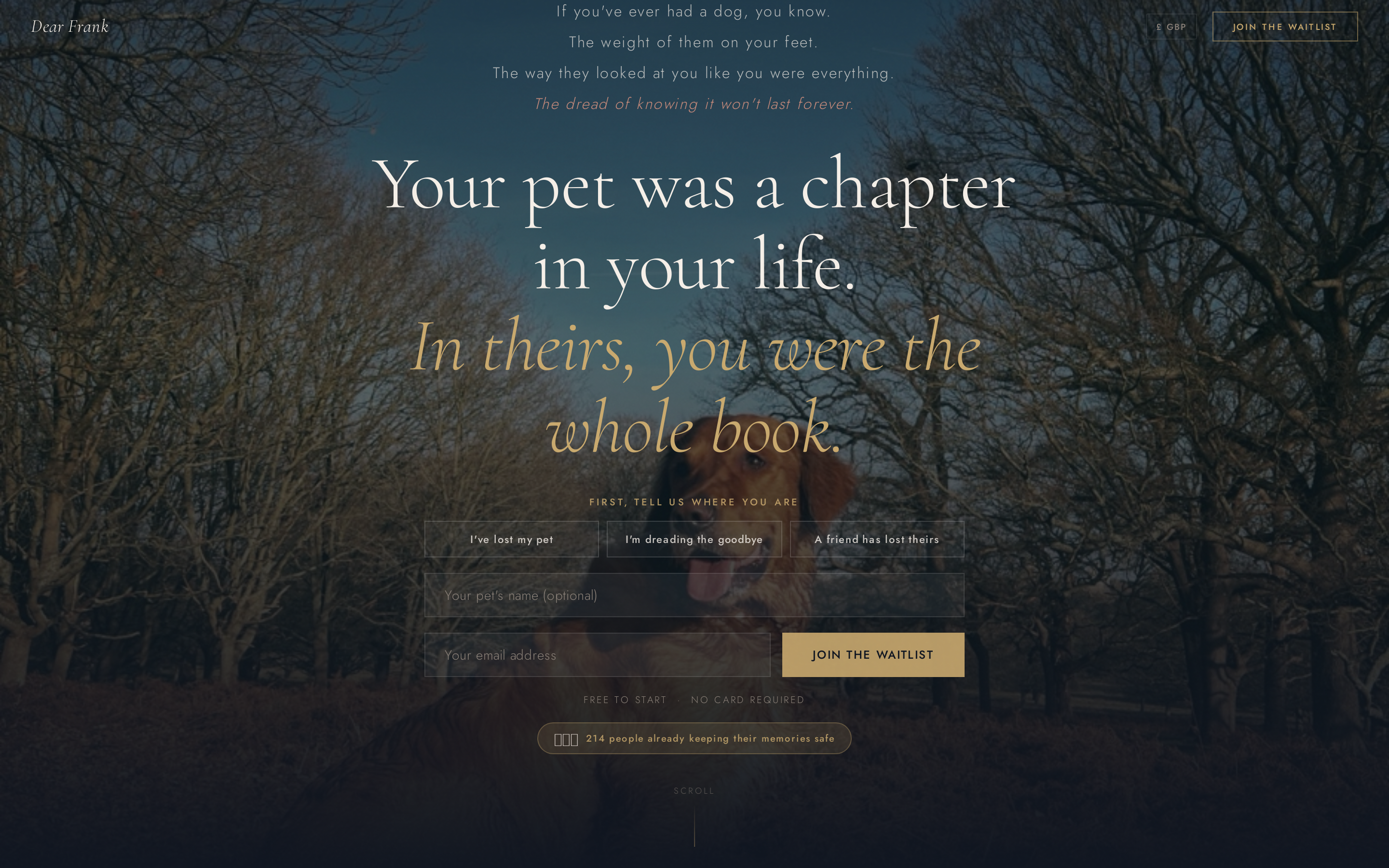 Dear Frank — pet memorial platform homepage